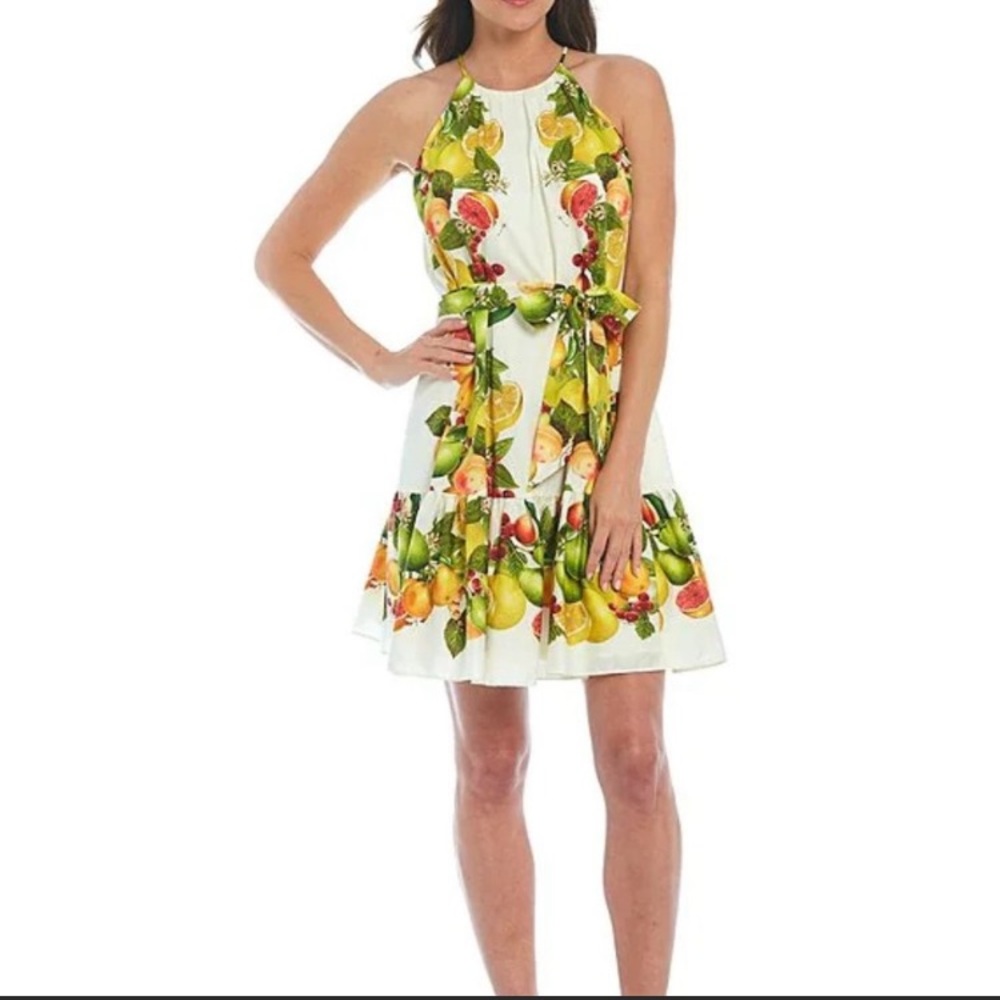 ANTONIO MELANI White Halter Mini Dress with Green & Yellow Fruit Print
